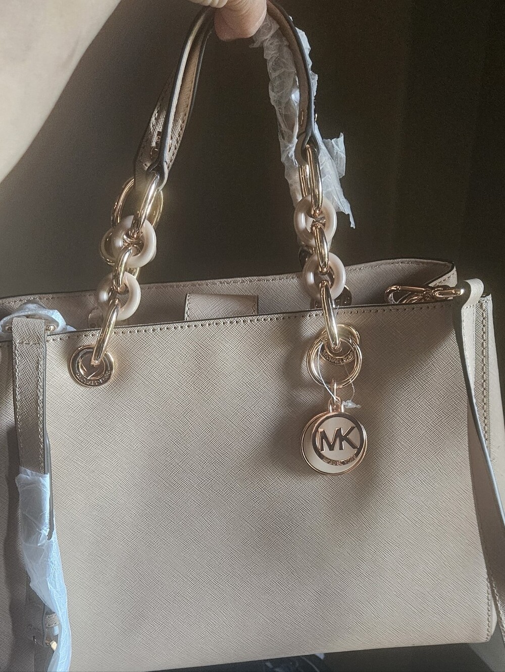 Michael Kors Beige Cream Pink Saffiano Leather Satchel with Rose Gold Hardware